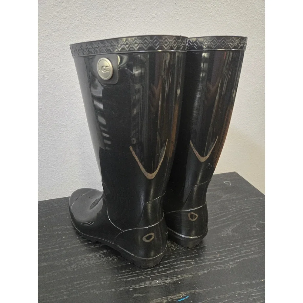 UGG Rain Boots Waterproof Black Glossy Tall Rubber Boots Womens Size 8